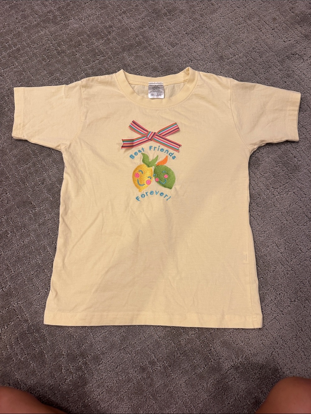 Freckled Chicken Girls Yellow Tee with Fruit Friends Embroidery